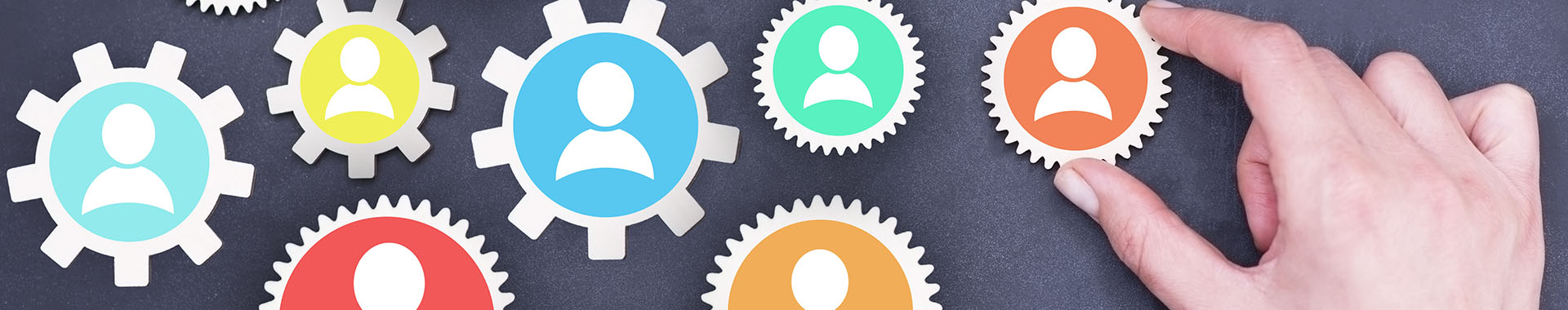 Image of a hand placing a cog into another group of cogs with icons of people on them