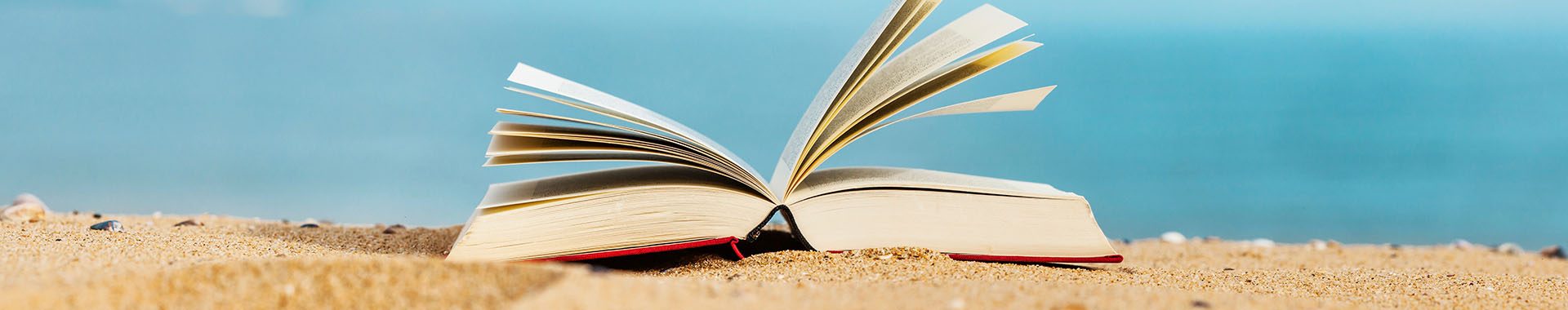 Image of open book laying on sand with blue sky in background